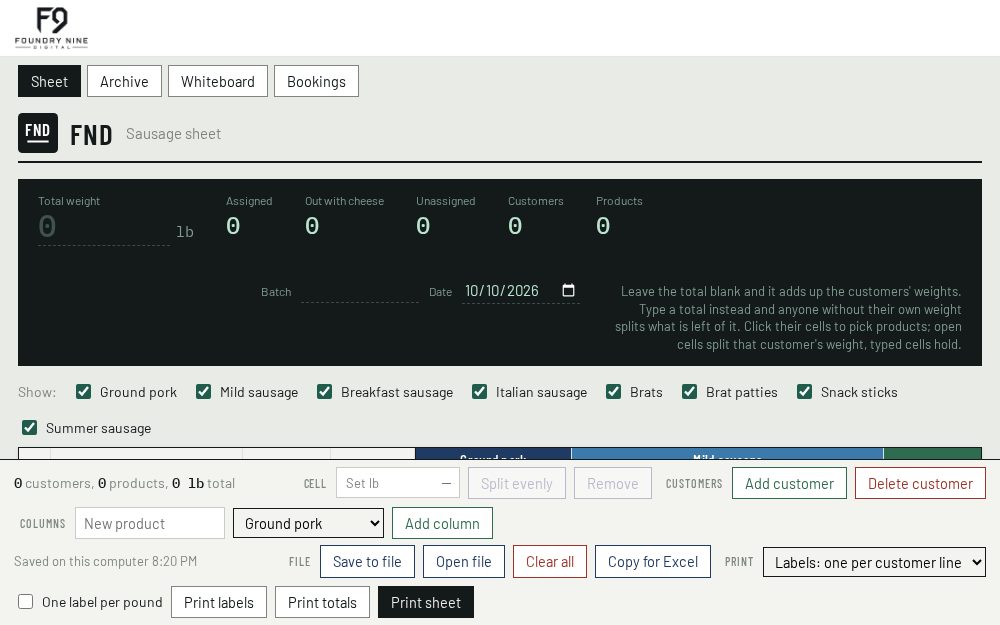 The cut sheet app: a blank sausage sheet with totals, product columns and print buttons.