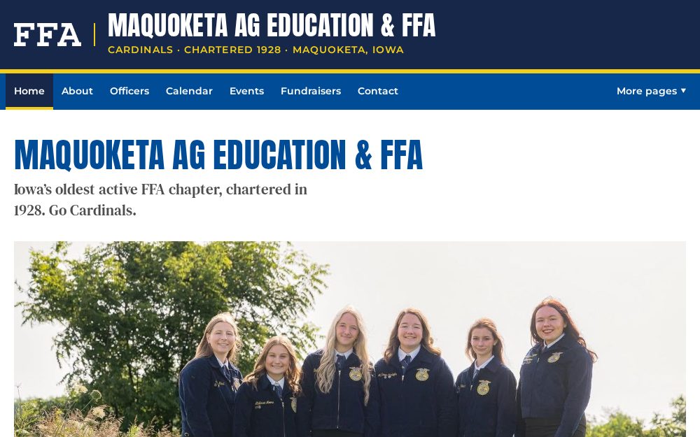 The Maquoketa Ag Education & FFA home page: the chapter officers in blue FFA jackets under the heading Maquoketa Ag Education & FFA.