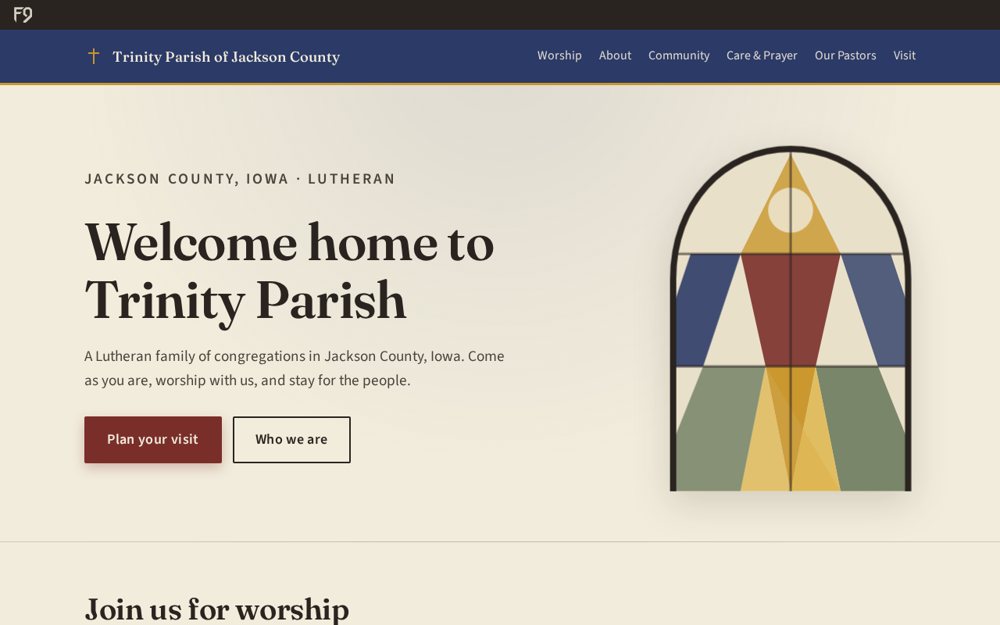 The Trinity Parish of Jackson County home page: a stained glass window beside the heading Welcome home to Trinity Parish.