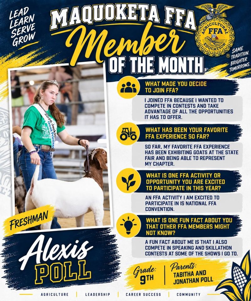 Member of the Month graphic for Alexis Poll, 9th grade, with a show goat.