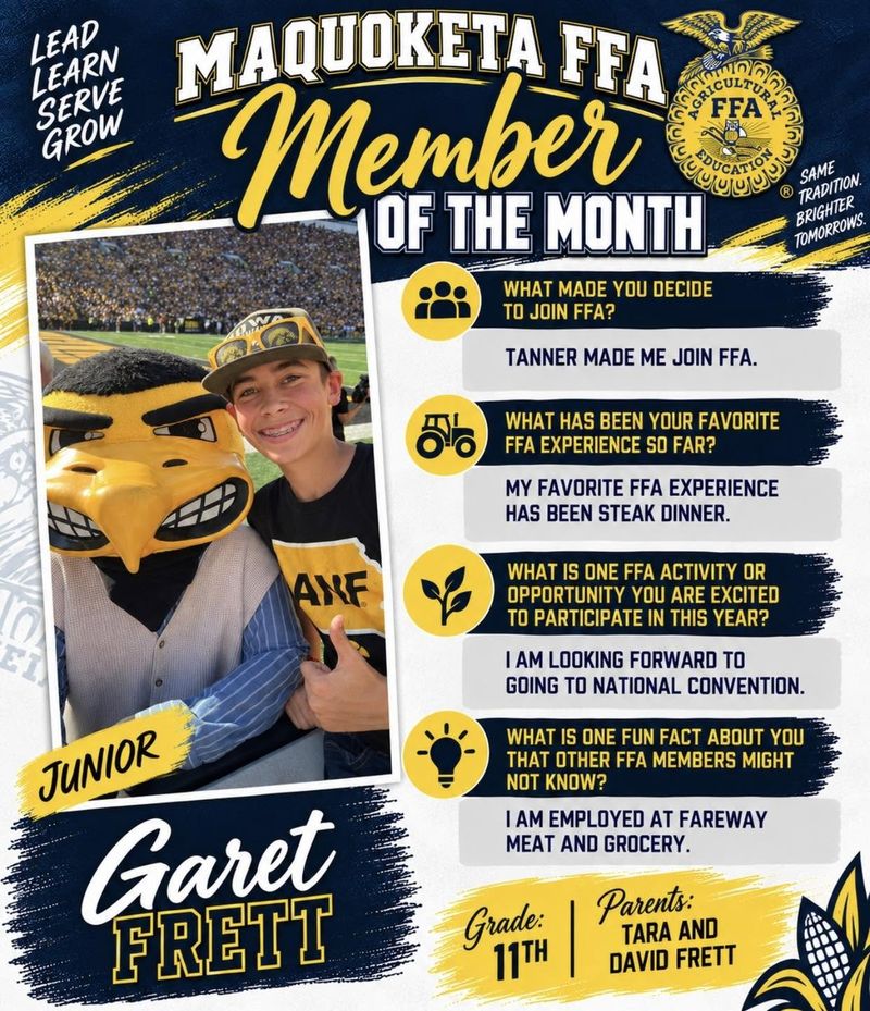 Member of the Month graphic for Garet Frett, 11th grade.