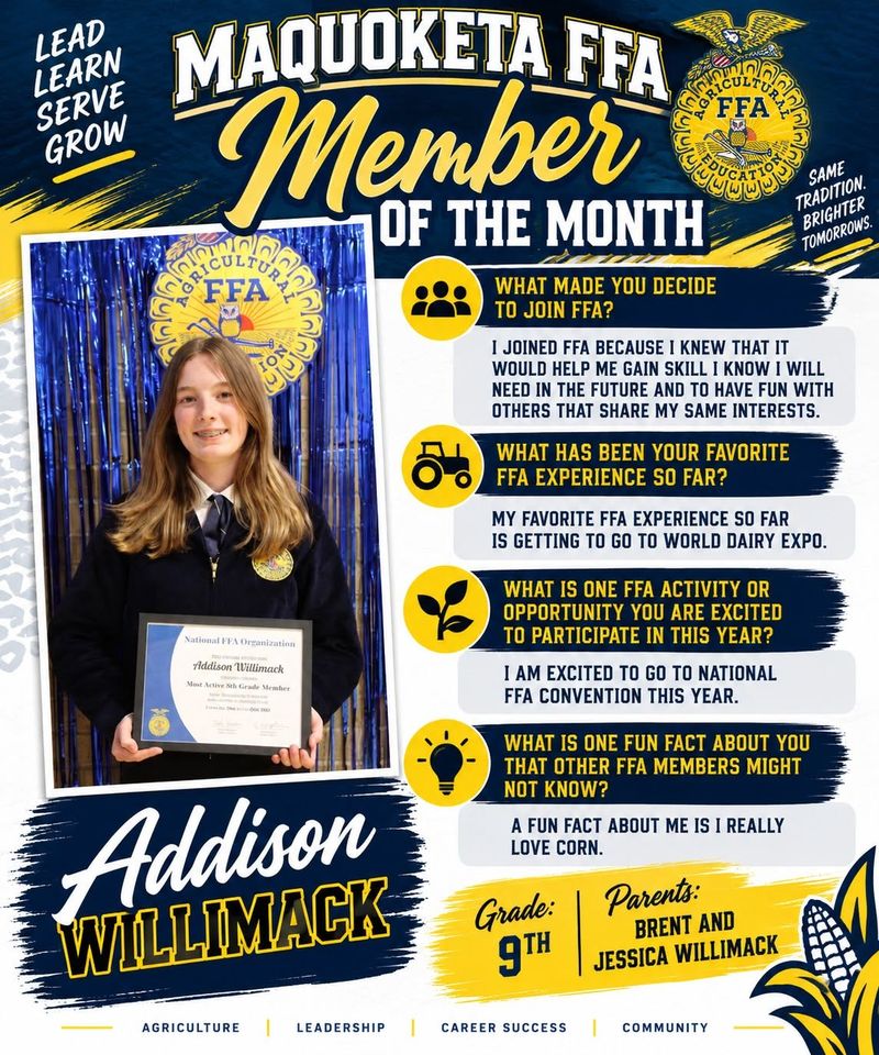 Member of the Month graphic for Addison Willimack, 9th grade, holding a certificate.