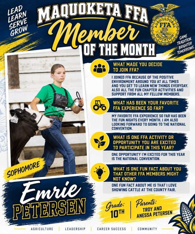 Member of the Month graphic for Emrie Petersen, 10th grade, showing a calf.