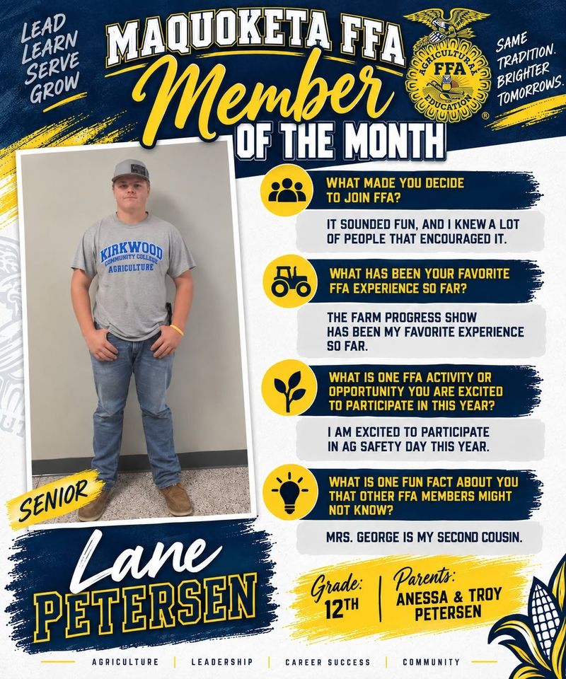 Member of the Month graphic for Lane Petersen, 12th grade.