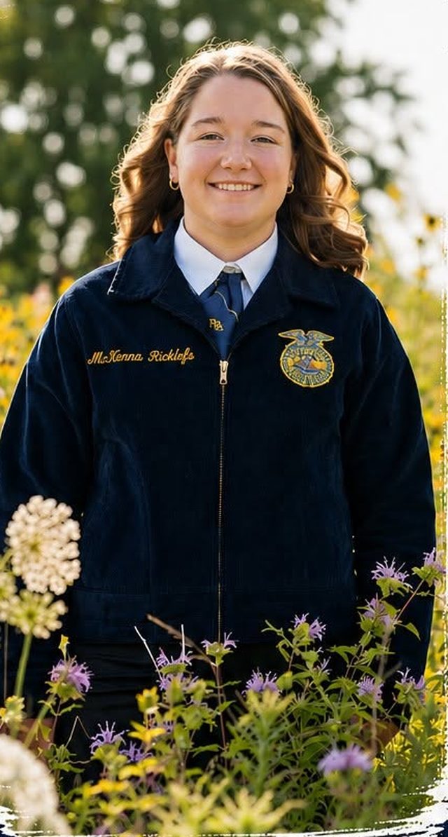 McKenna Ricklefs in her FFA jacket, standing in a field of wildflowers.