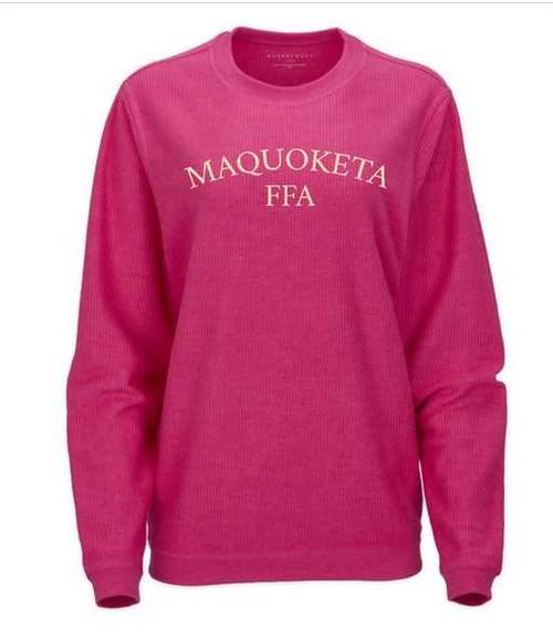 A raspberry crew-neck sweatshirt printed MAQUOKETA FFA.