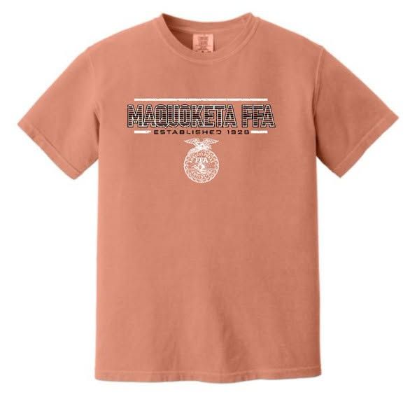 A terracotta T-shirt printed MAQUOKETA FFA, Established 1928.